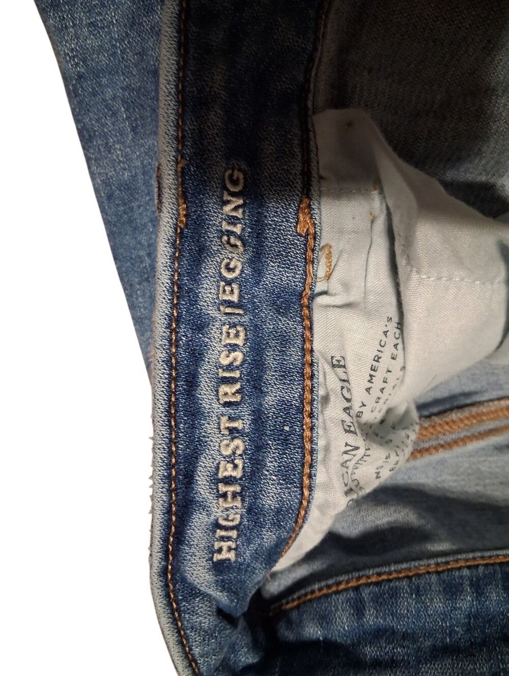 American Eagle Highest Rise Jegging Distressed Blue Denim Jeans Size 16 Short - Picture 2 of 13
